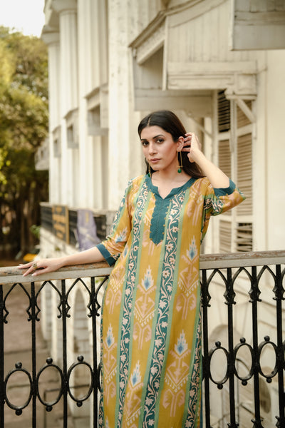 Mustard Green Panel Print Muslin Kurta Set