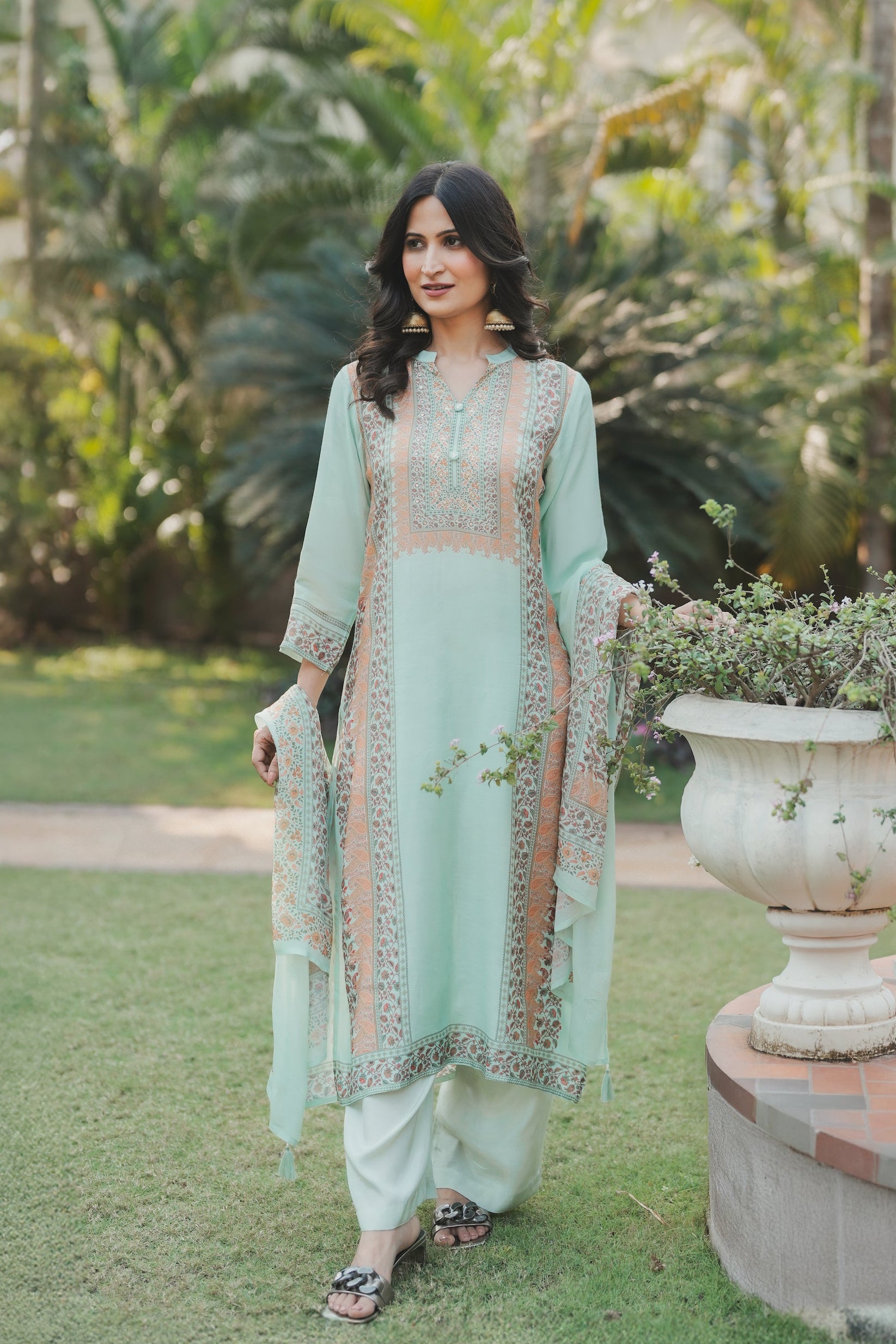 Noor Mahal Mint Green Muslin Suit Set