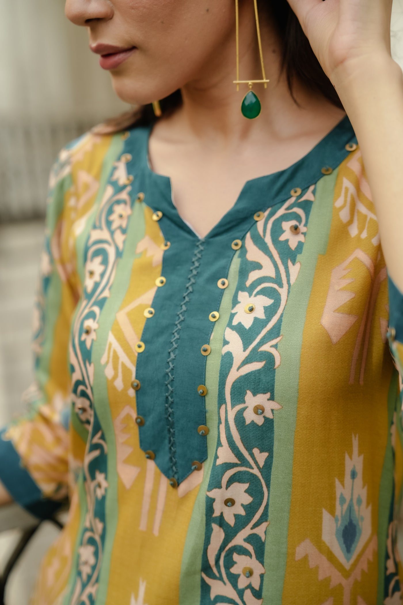 Mustard Green Panel Print Muslin Kurta Set
