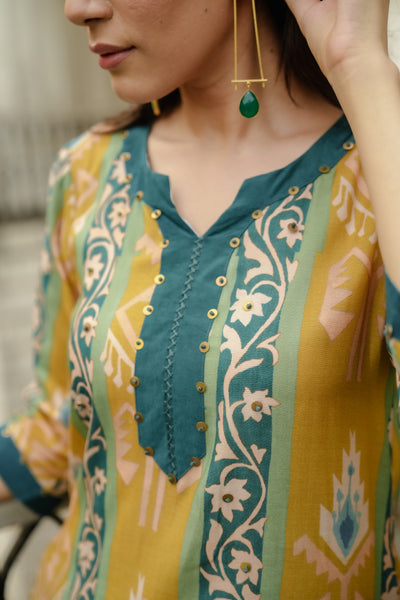 Mustard Green Panel Print Muslin Kurta Set