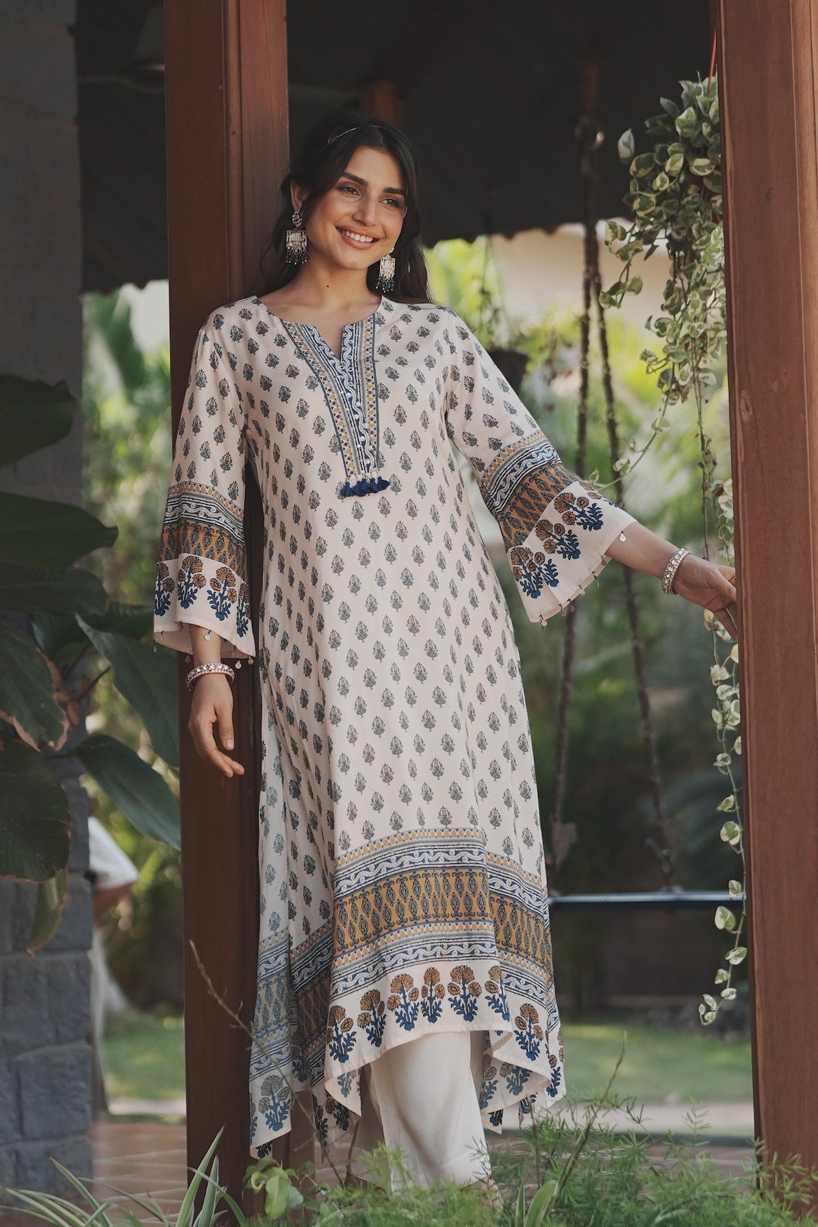 White and Blue Block Print with Tassels Muslin C cut Kurta Pant Set
