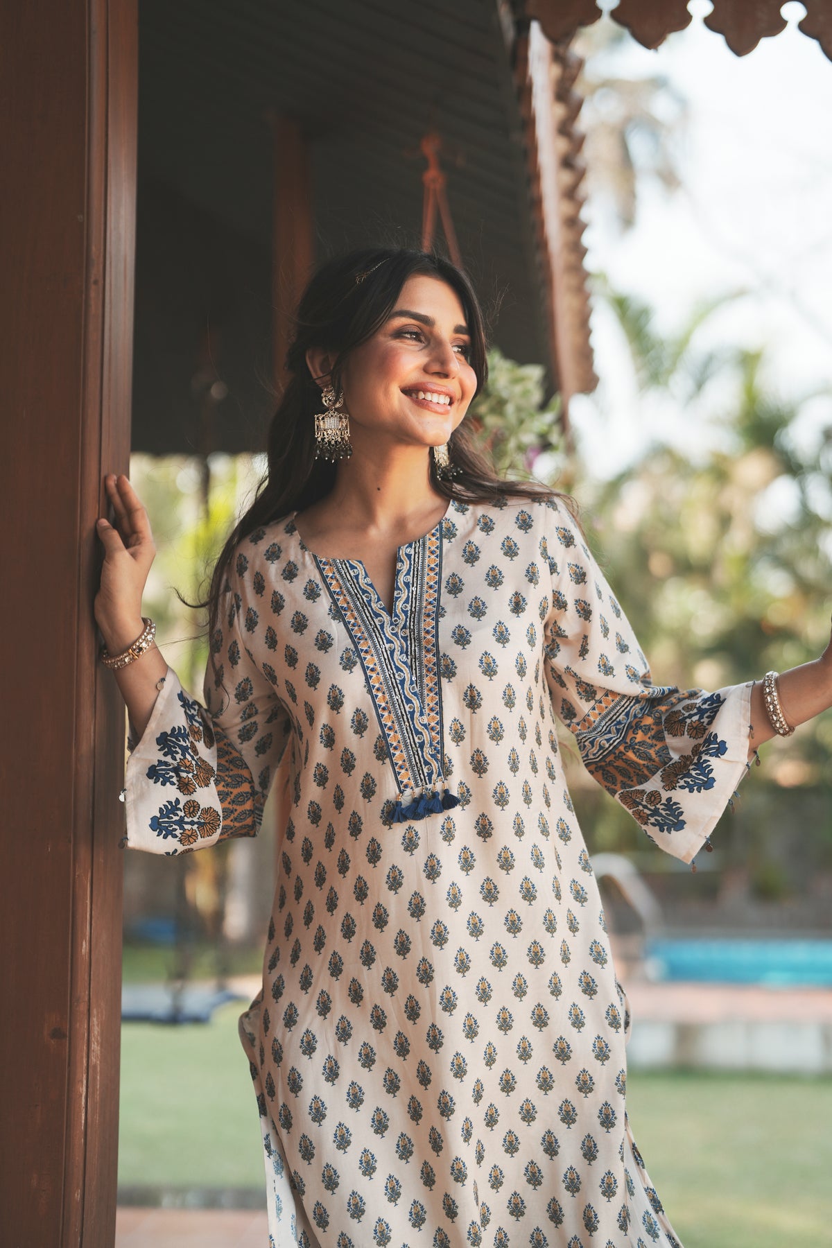 White and Blue Block Print with Tassels Muslin C cut Kurta Pant Set