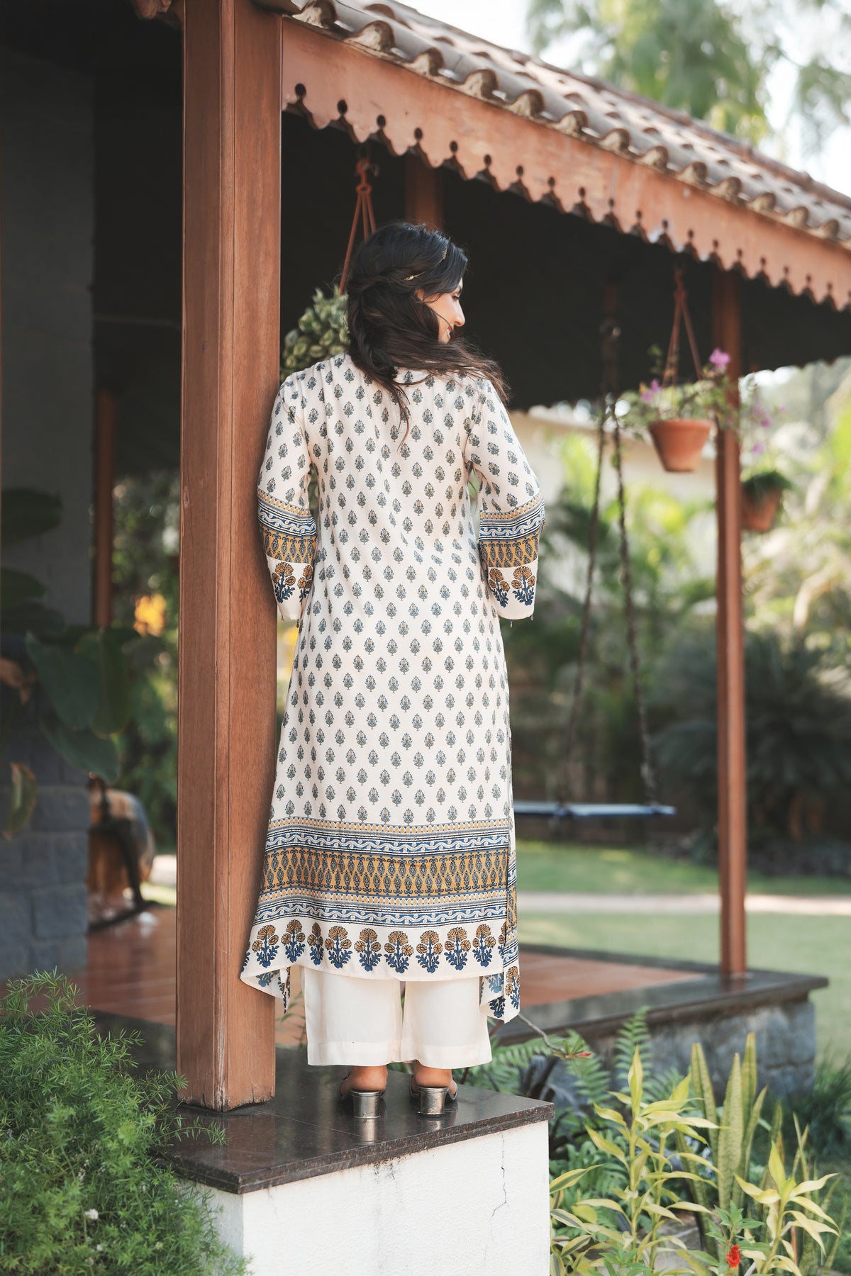White and Blue Block Print with Tassels Muslin C cut Kurta Pant Set
