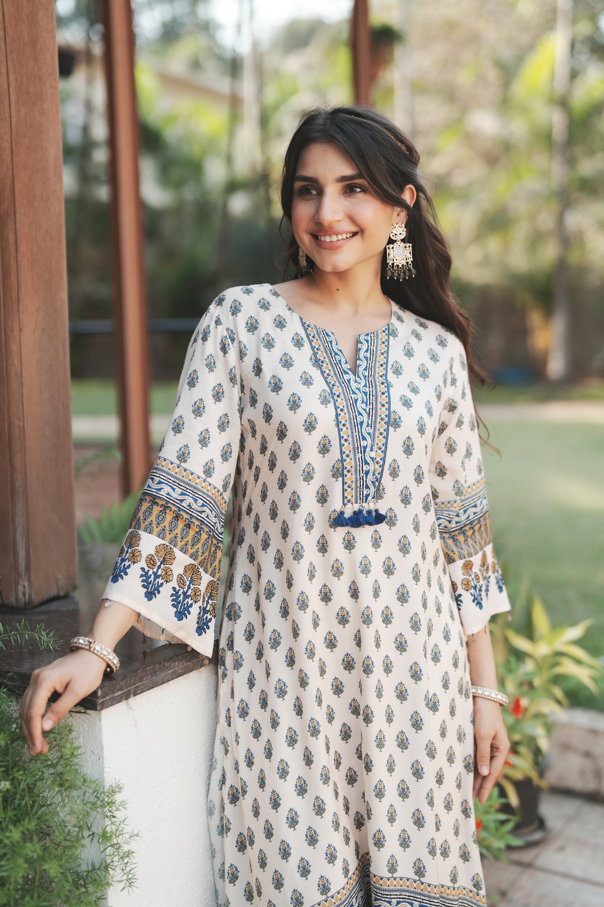 White and Blue Block Print with Tassels Muslin C cut Kurta Pant Set