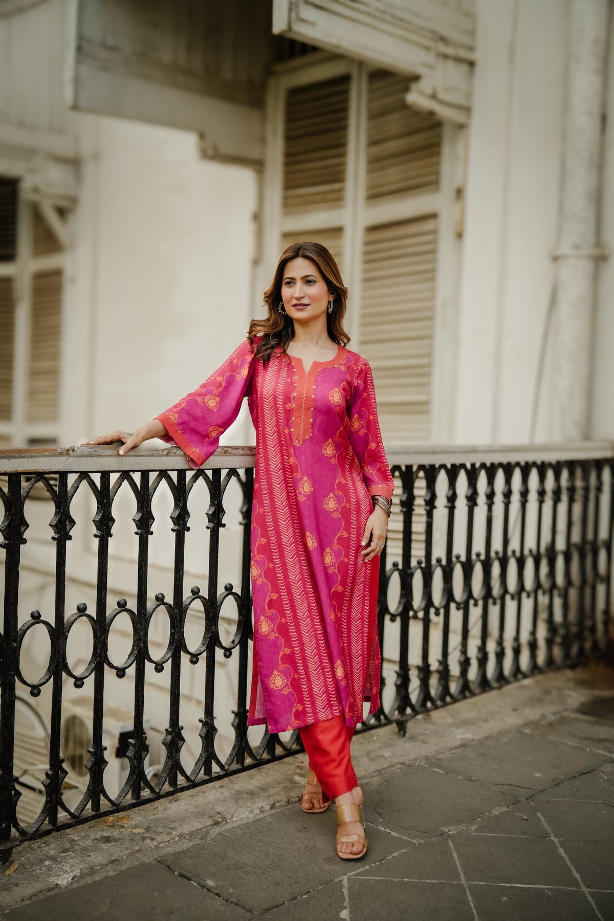 Pink and Orange Panel Print Muslin Kurta Set with Tassels on Sleeves