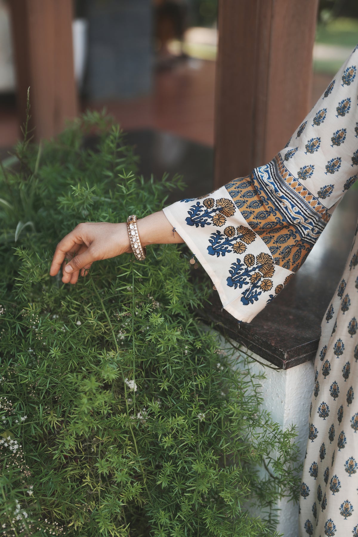 White and Blue Block Print with Tassels Muslin C cut Kurta Pant Set