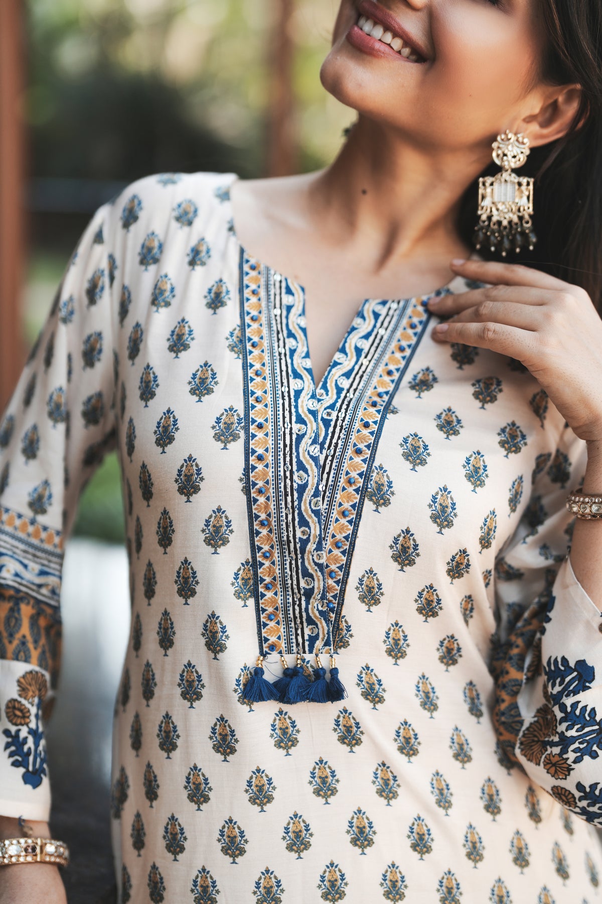 White and Blue Block Print with Tassels Muslin C cut Kurta Pant Set