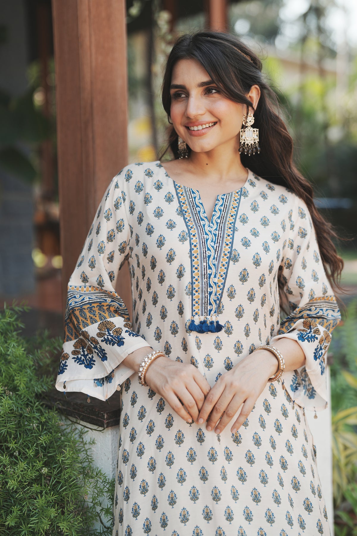White and Blue Block Print with Tassels Muslin C cut Kurta Pant Set
