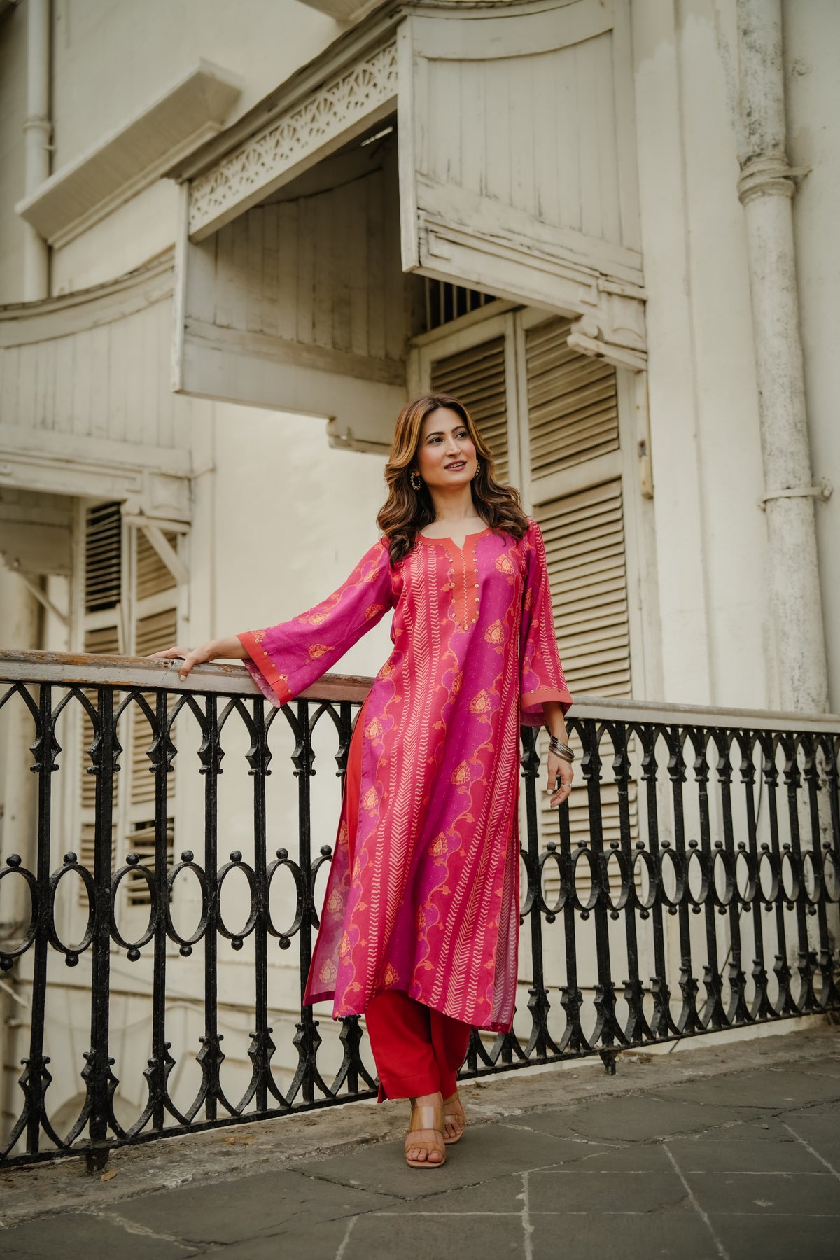Pink and Orange Panel Print Muslin Kurta Set with Tassels on Sleeves