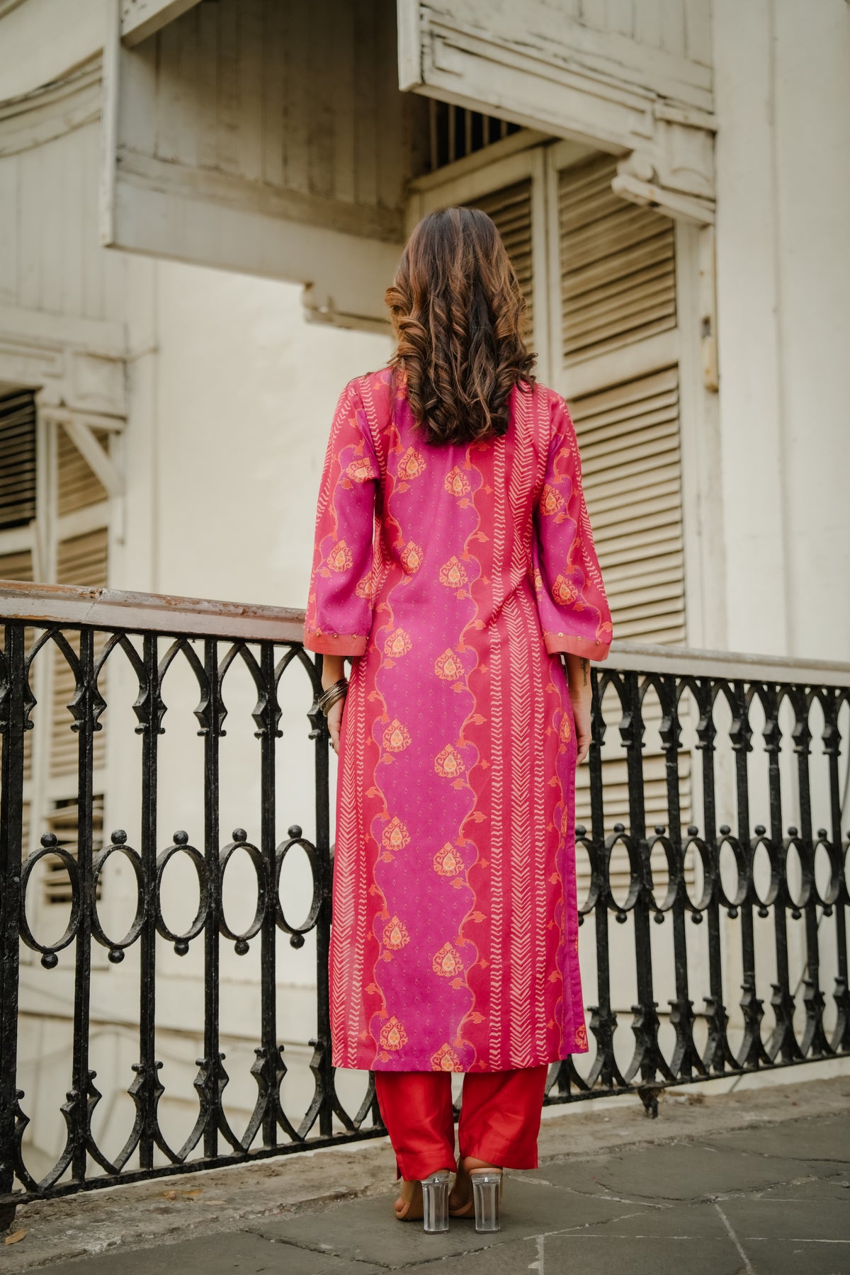 Pink and Orange Panel Print Muslin Kurta Set with Tassels on Sleeves