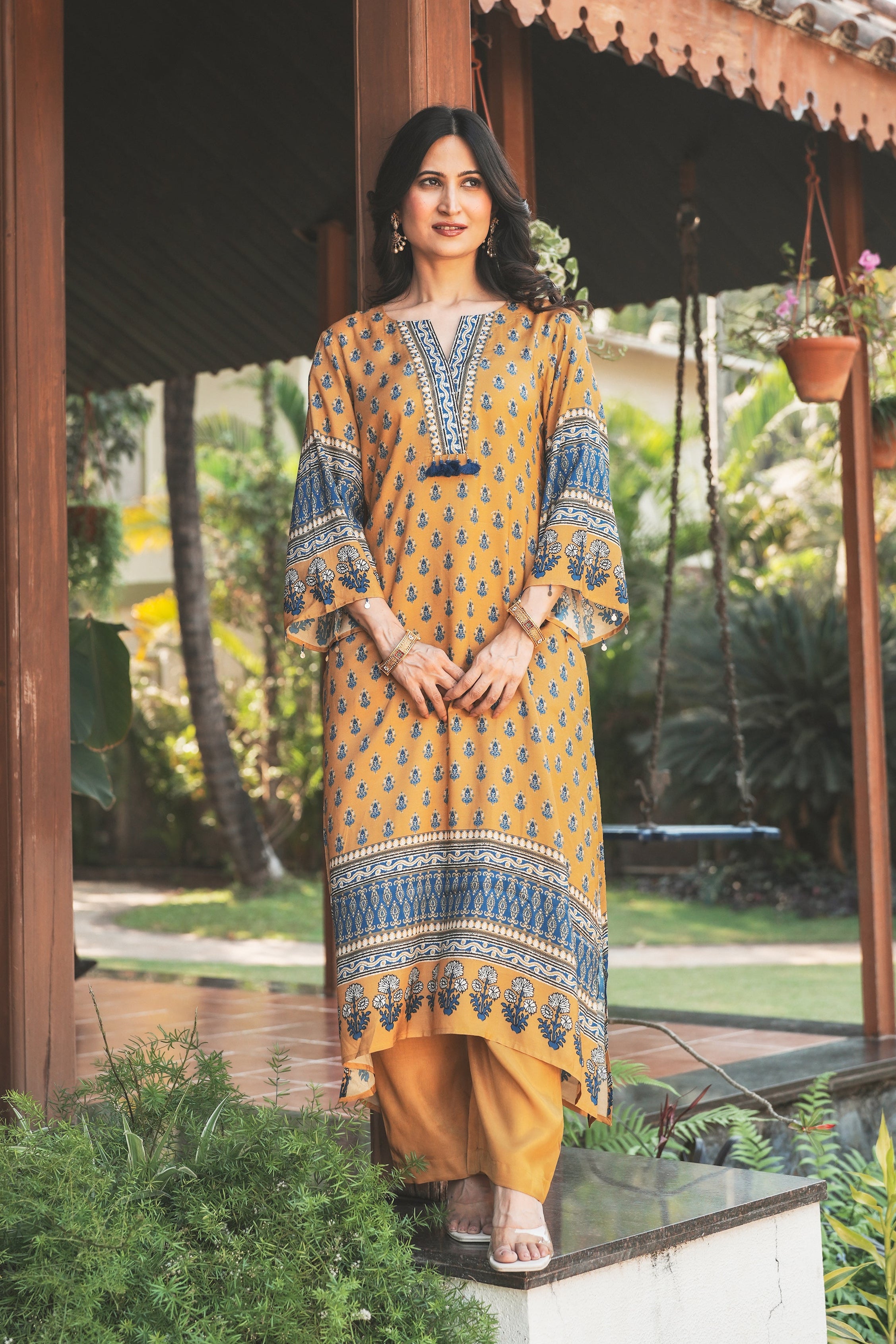 Yellow and Blue Block Print with Tassels Muslin C cut Kurta Pant Set