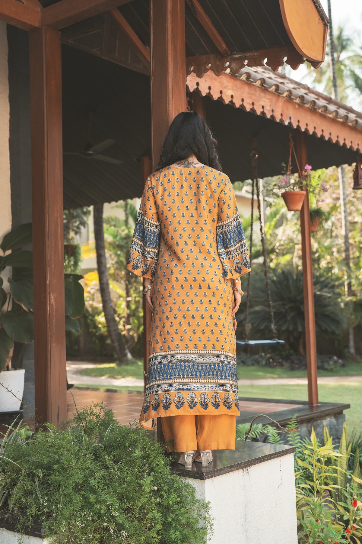 Yellow and Blue Block Print with Tassels Muslin C cut Kurta Pant Set