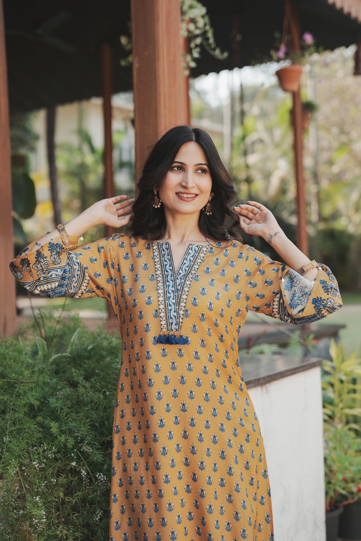 Yellow and Blue Block Print with Tassels Muslin C cut Kurta Pant Set