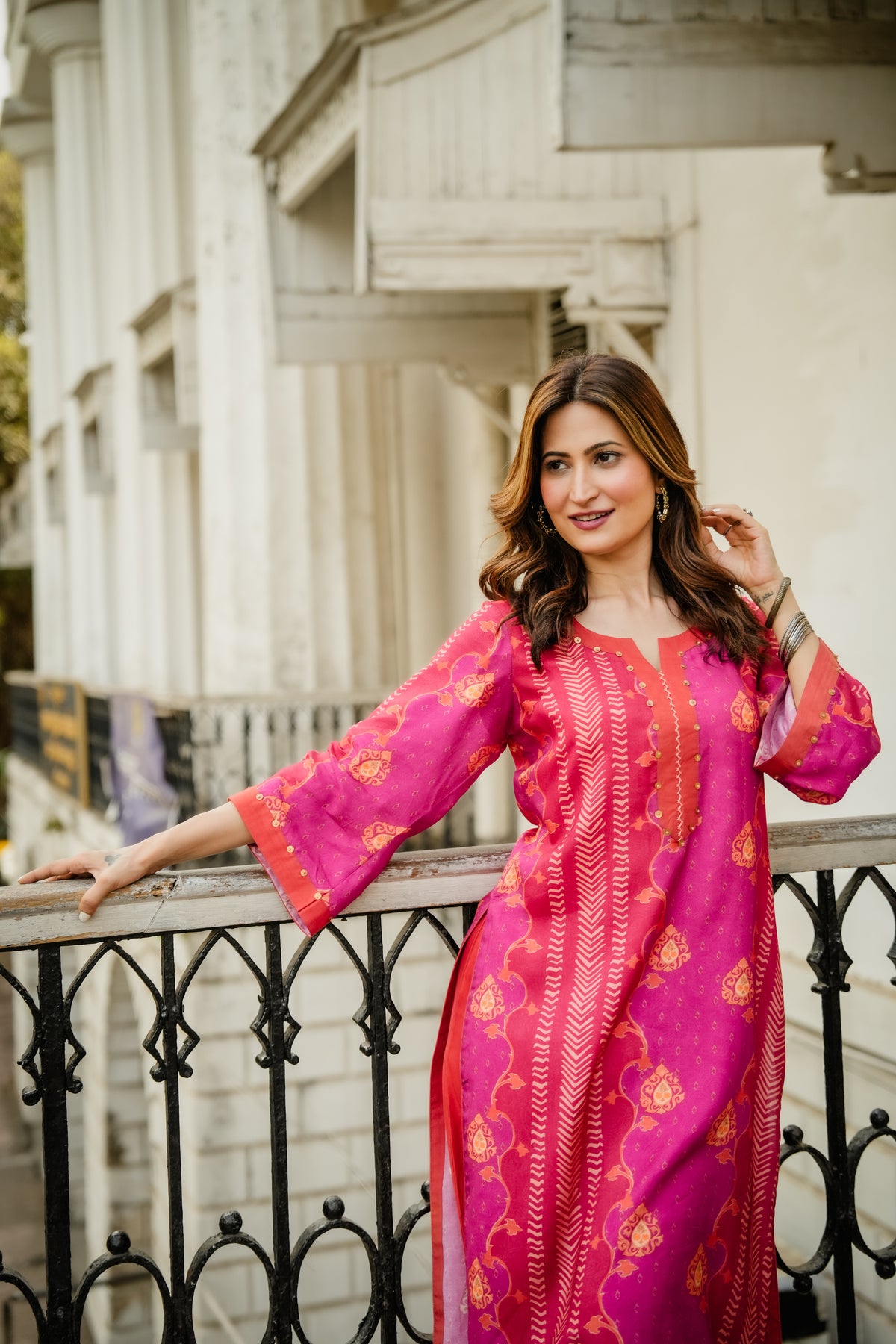 Pink and Orange Panel Print Muslin Kurta Set with Tassels on Sleeves