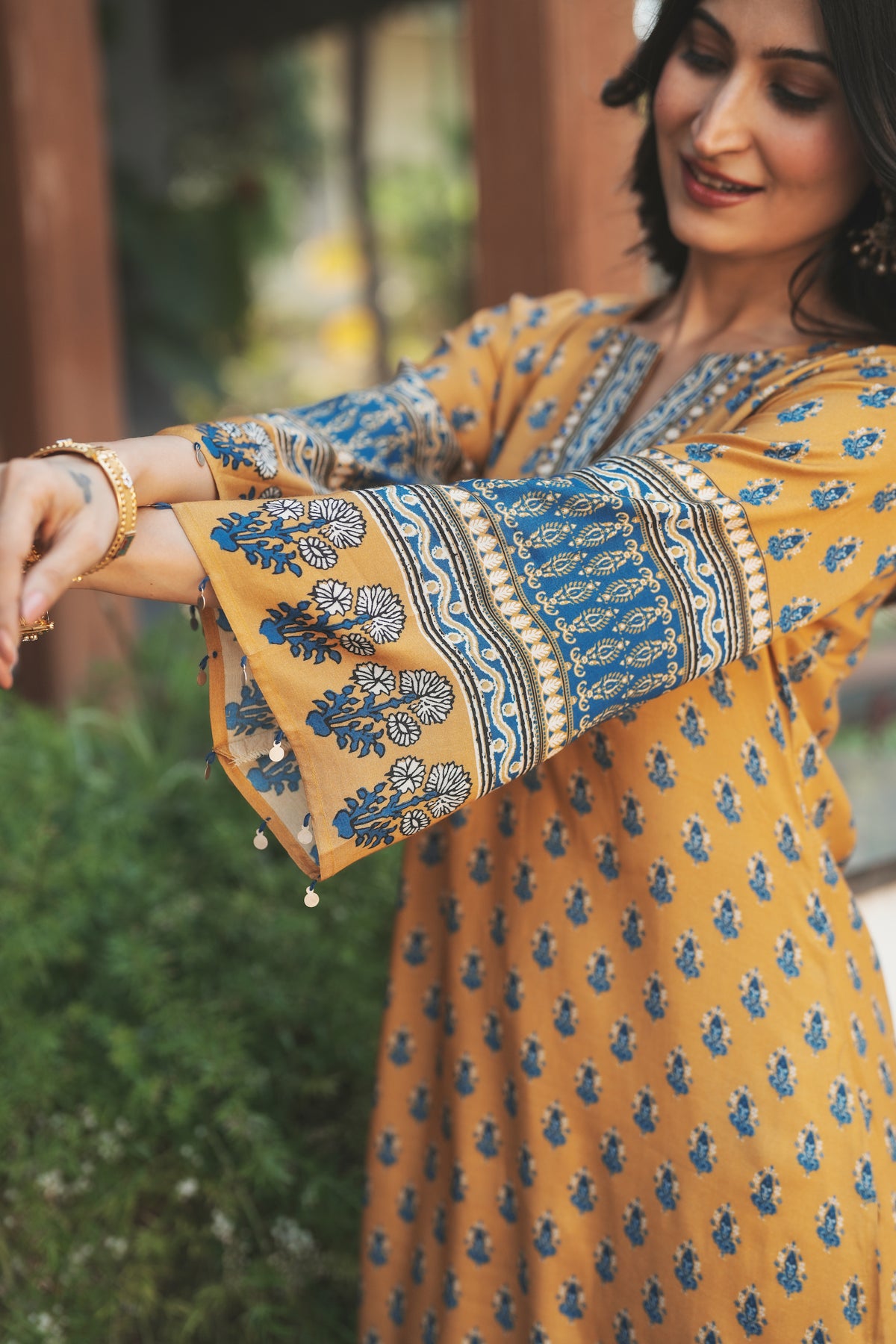 Yellow and Blue Block Print with Tassels Muslin C cut Kurta Pant Set