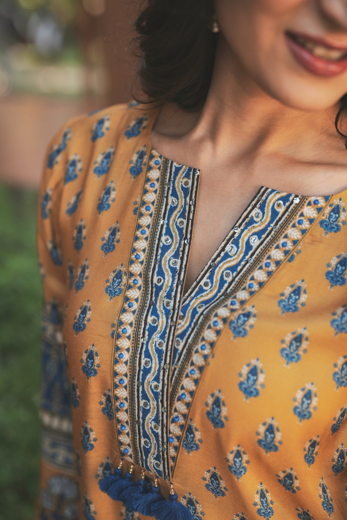 Yellow and Blue Block Print with Tassels Muslin C cut Kurta Pant Set