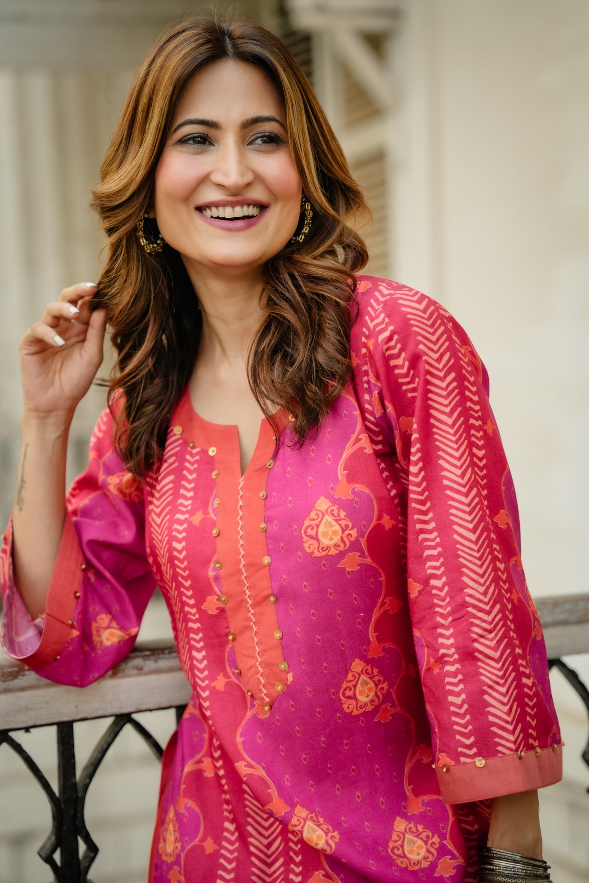 Pink and Orange Panel Print Muslin Kurta Set with Tassels on Sleeves