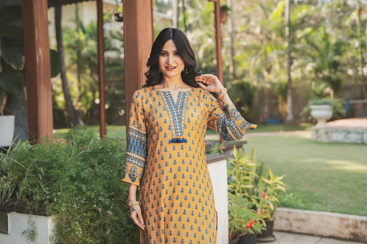 Yellow and Blue Block Print with Tassels Muslin C cut Kurta Pant Set
