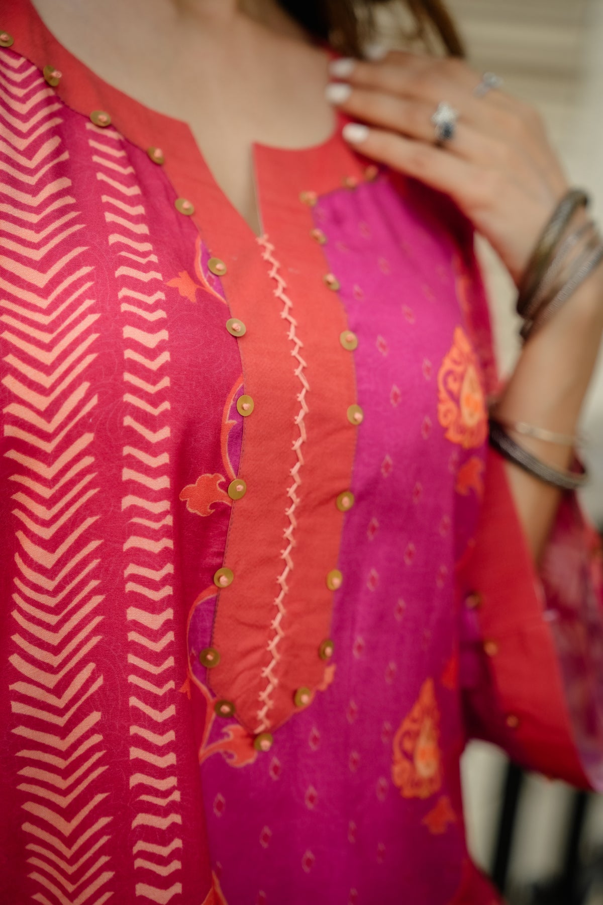 Pink and Orange Panel Print Muslin Kurta Set with Tassels on Sleeves