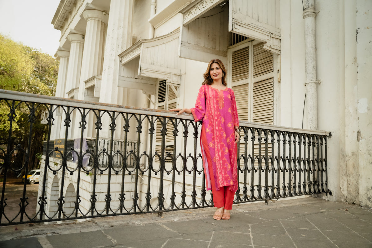 Pink and Orange Panel Print Muslin Kurta Set with Tassels on Sleeves