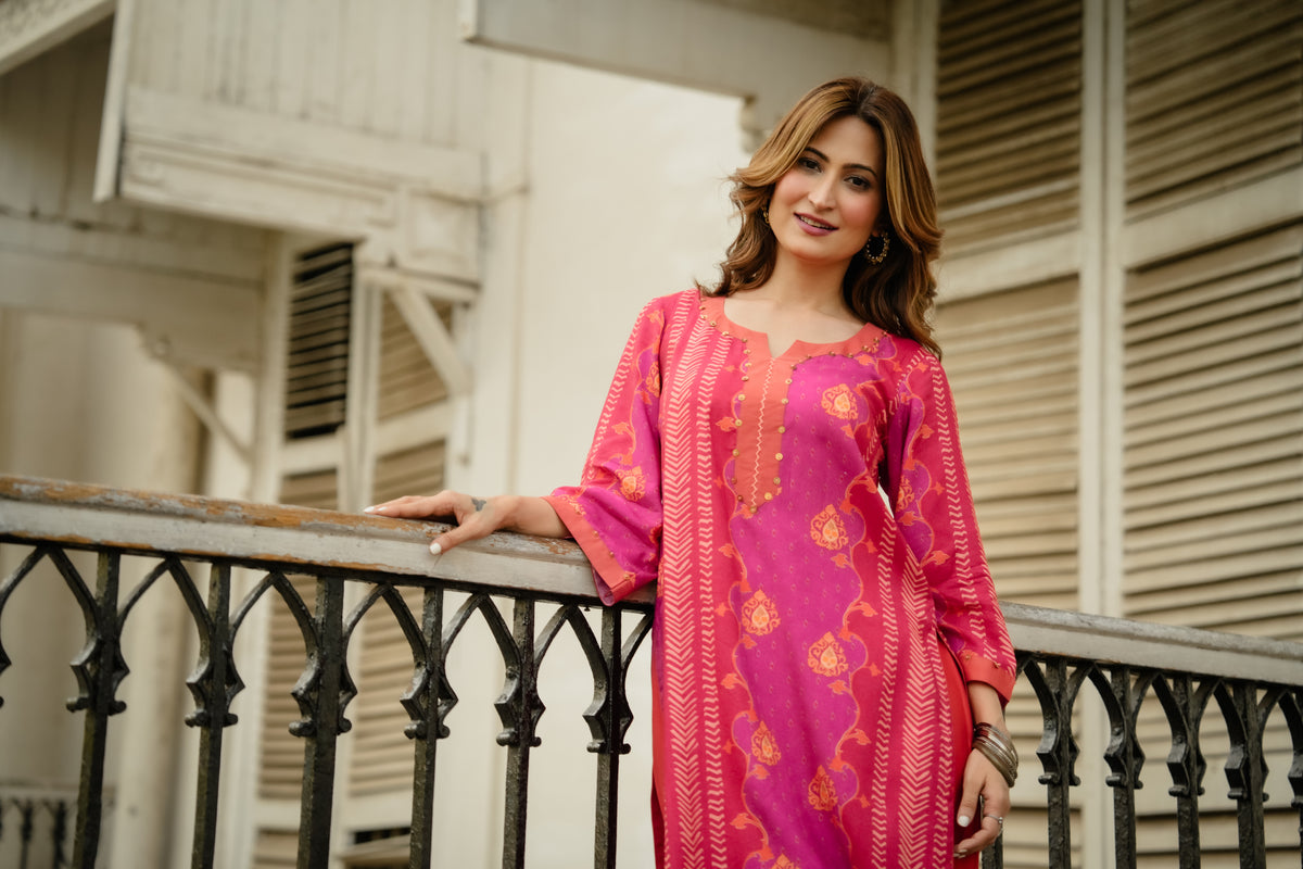 Pink and Orange Panel Print Muslin Kurta Set with Tassels on Sleeves