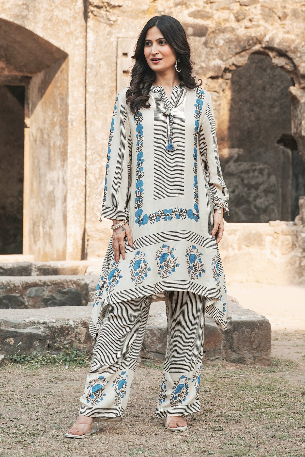 Grey and Blue Block Print Muslin Kurta Pant Coord Set