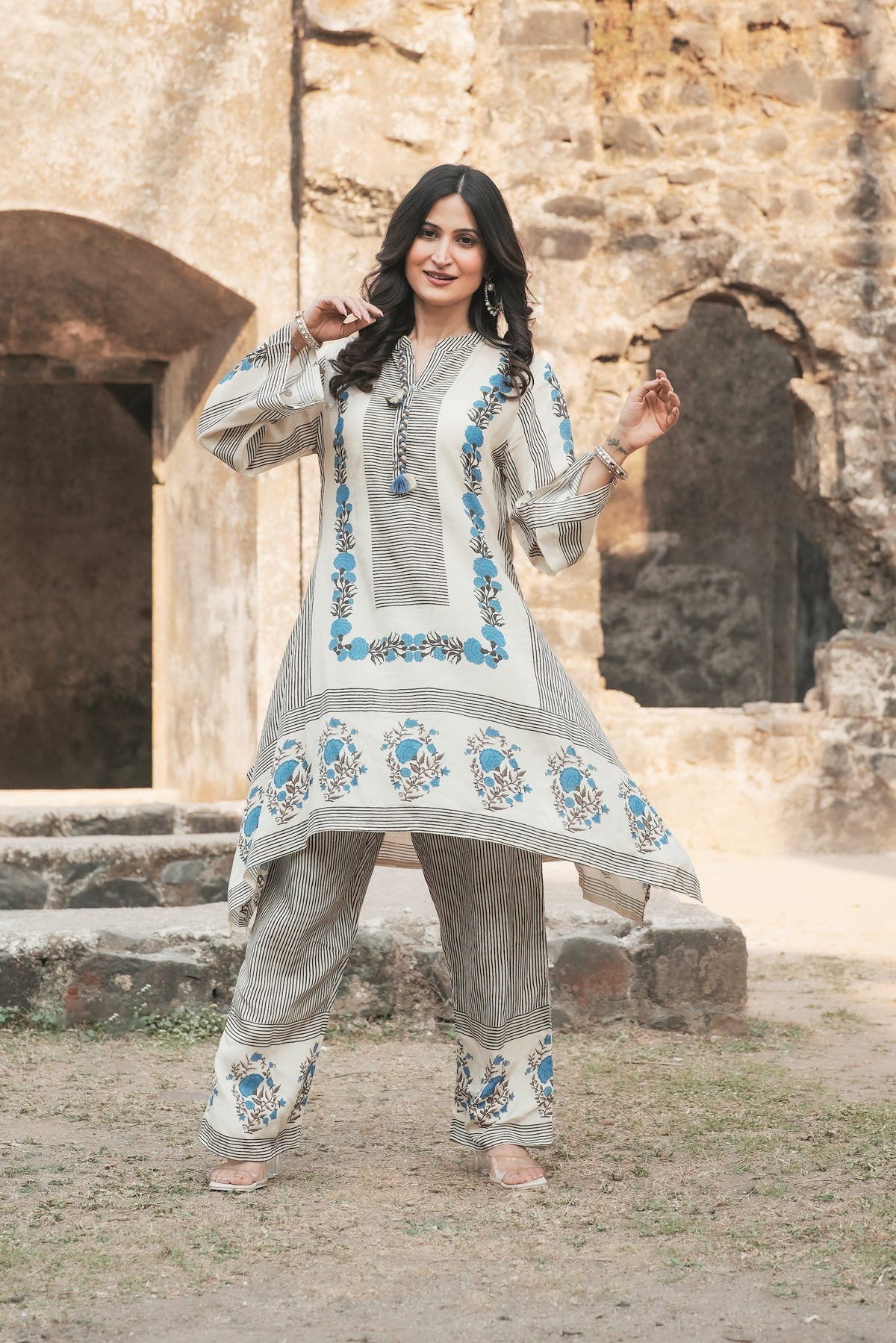 Grey and Blue Block Print Muslin Kurta Pant Coord Set