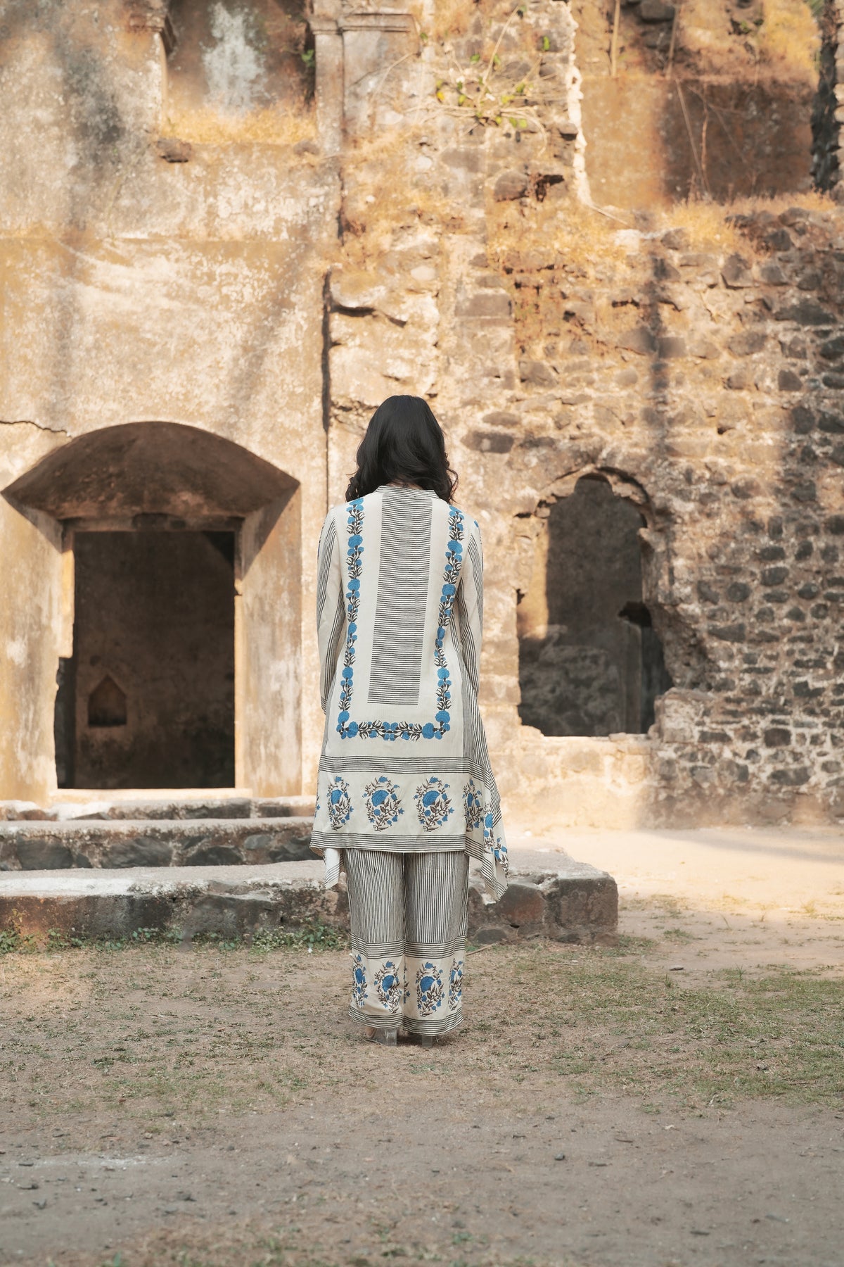 Grey and Blue Block Print Muslin Kurta Pant Coord Set