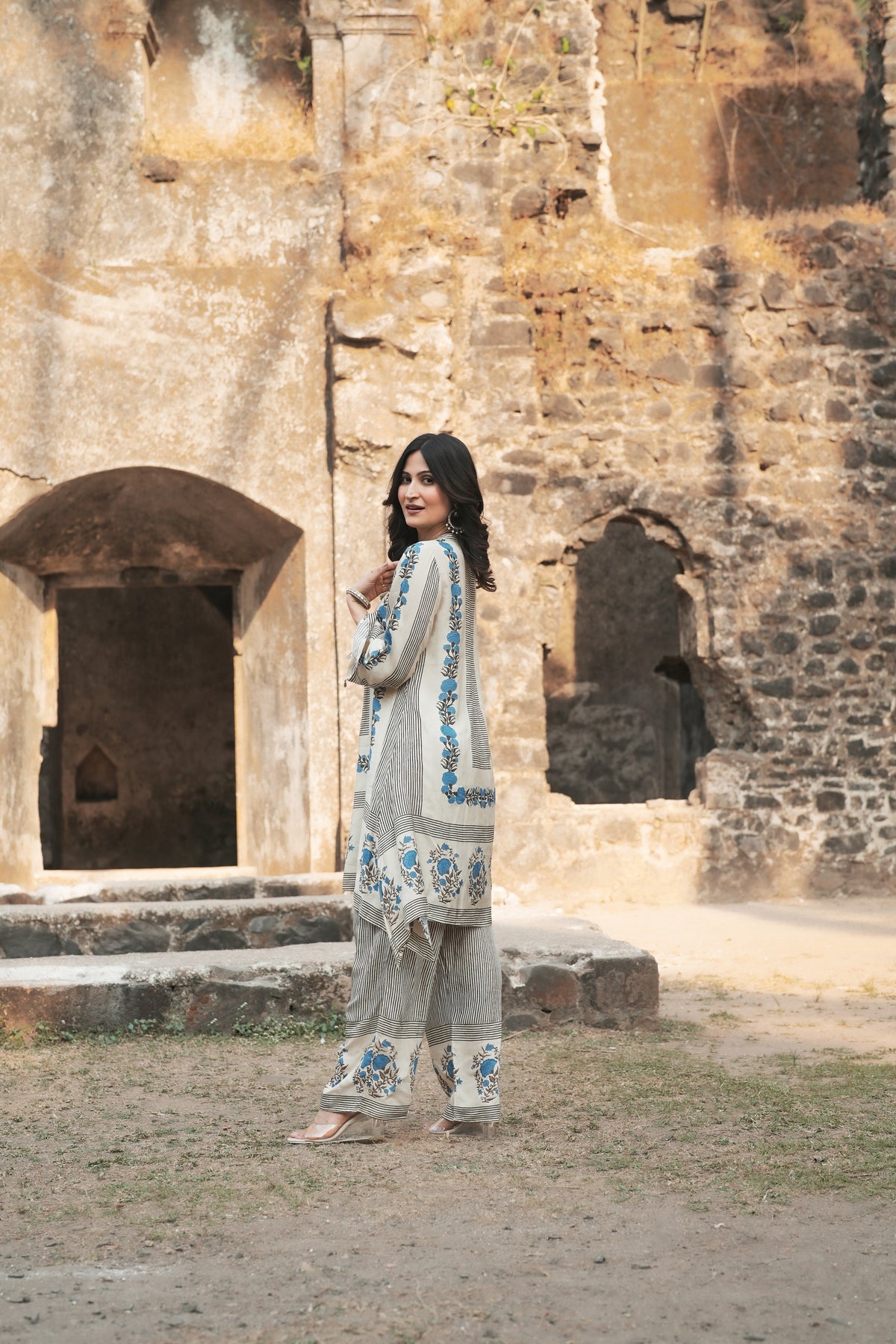 Grey and Blue Block Print Muslin Kurta Pant Coord Set