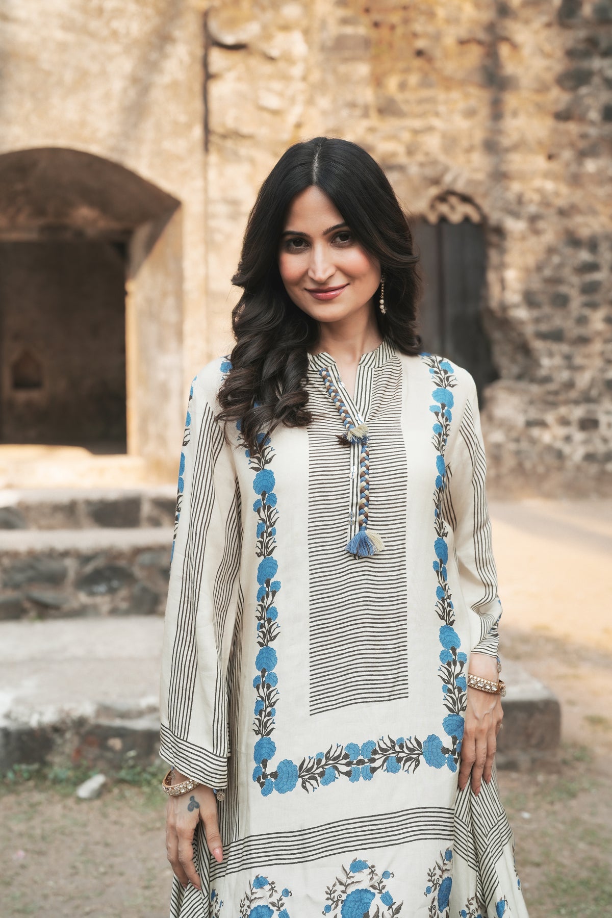 Grey and Blue Block Print Muslin Kurta Pant Coord Set