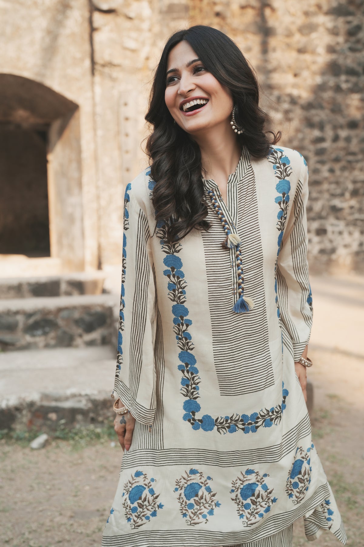 Grey and Blue Block Print Muslin Kurta Pant Coord Set