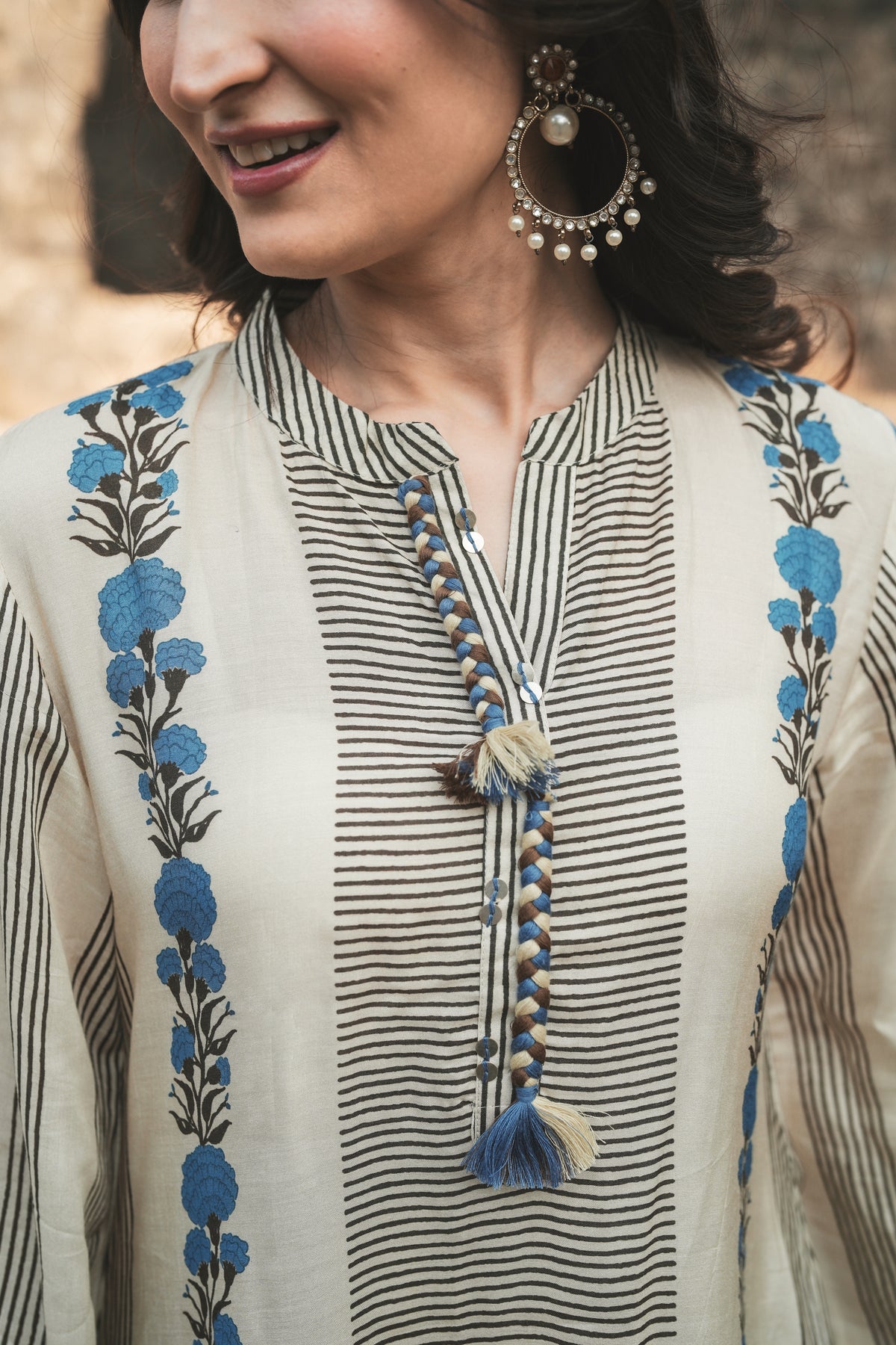 Grey and Blue Block Print Muslin Kurta Pant Coord Set