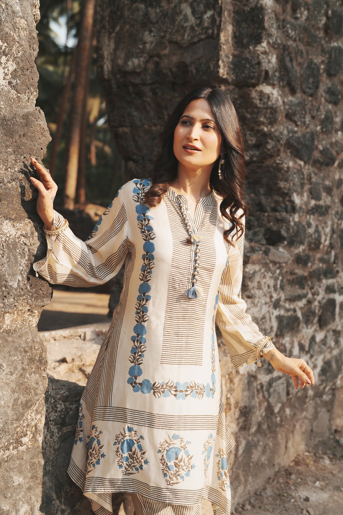 Grey and Blue Block Print Muslin Kurta Pant Coord Set