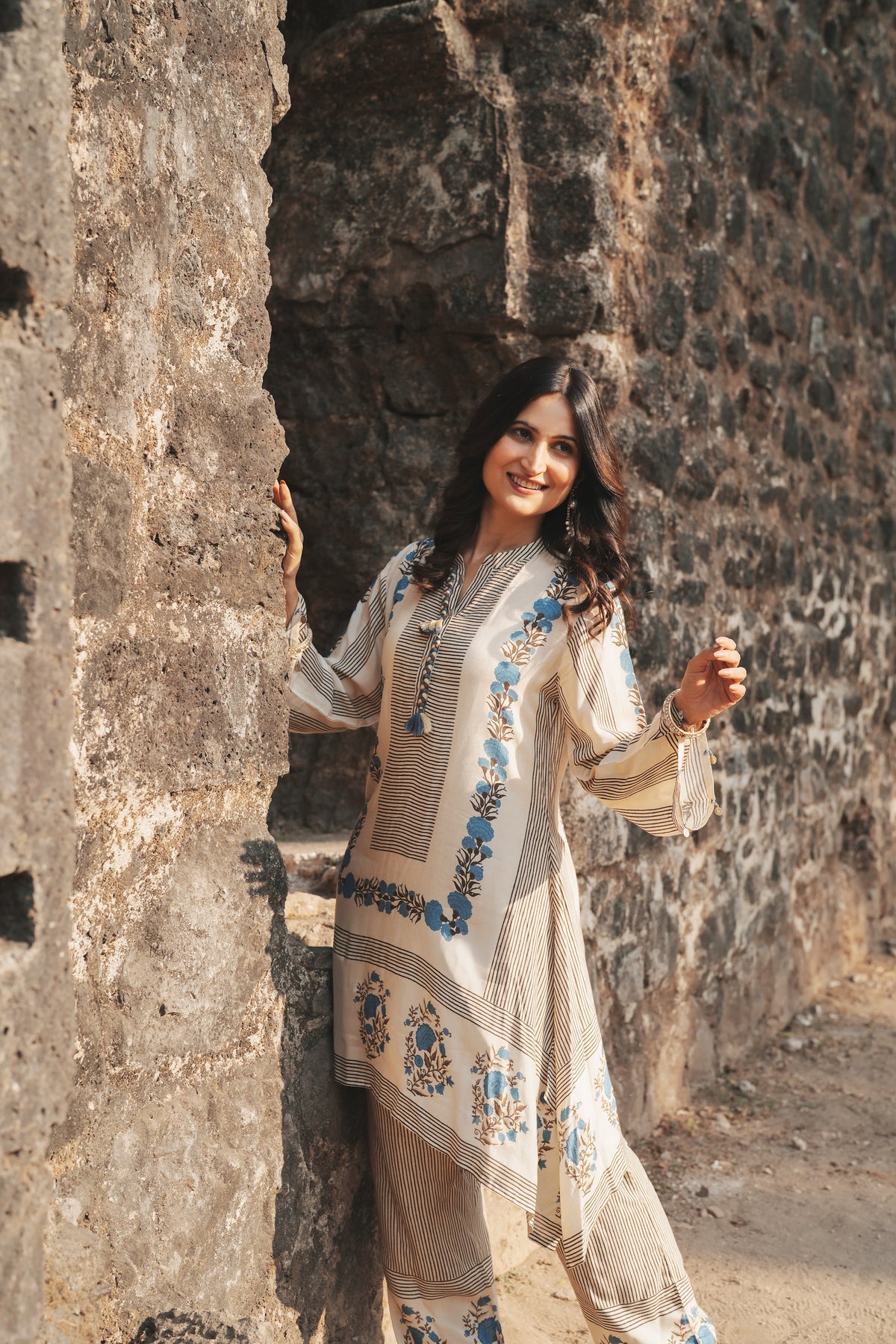 Grey and Blue Block Print Muslin Kurta Pant Coord Set