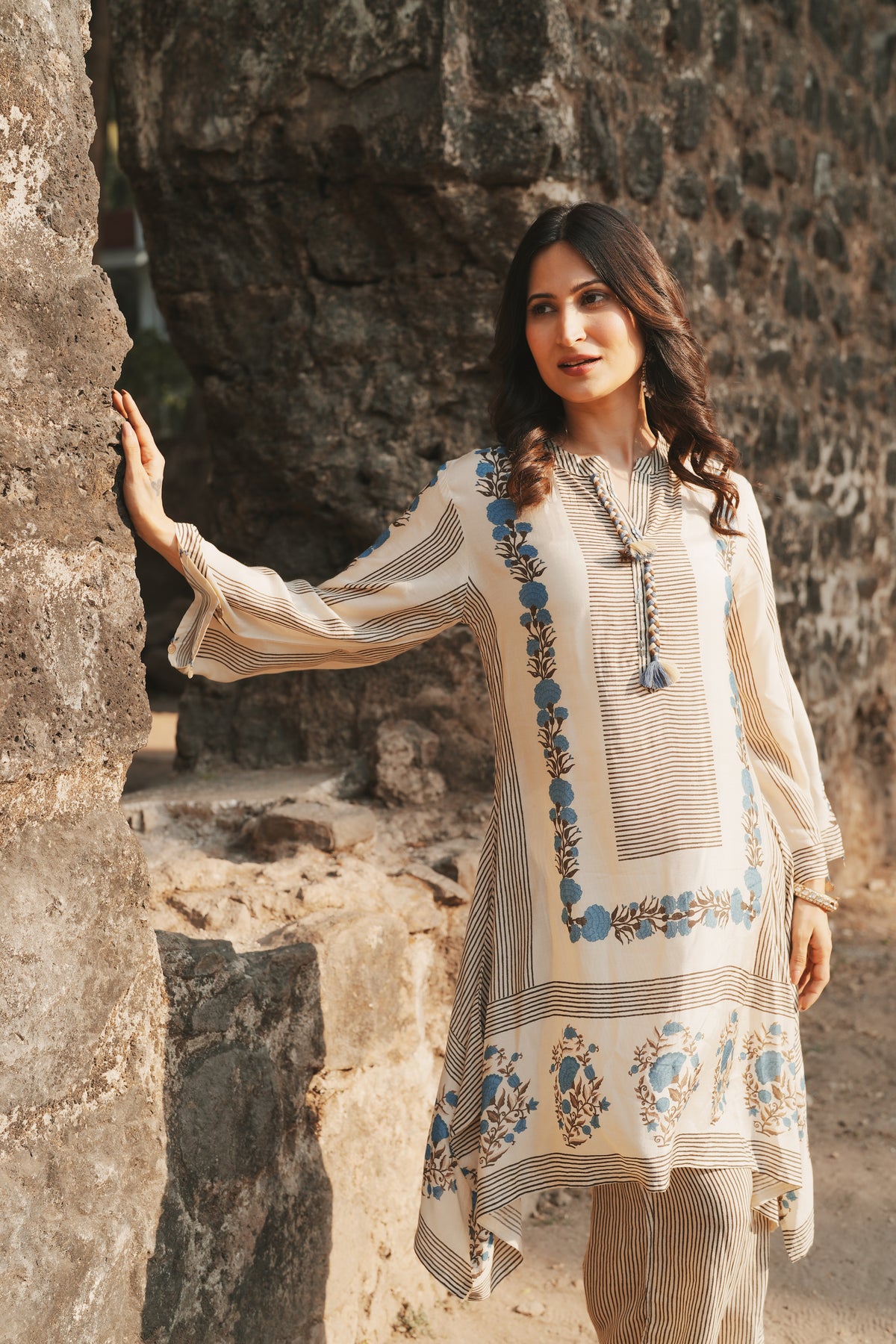 Grey and Blue Block Print Muslin Kurta Pant Coord Set