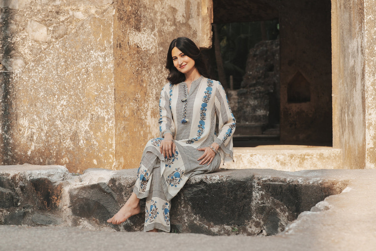 Grey and Blue Block Print Muslin Kurta Pant Coord Set