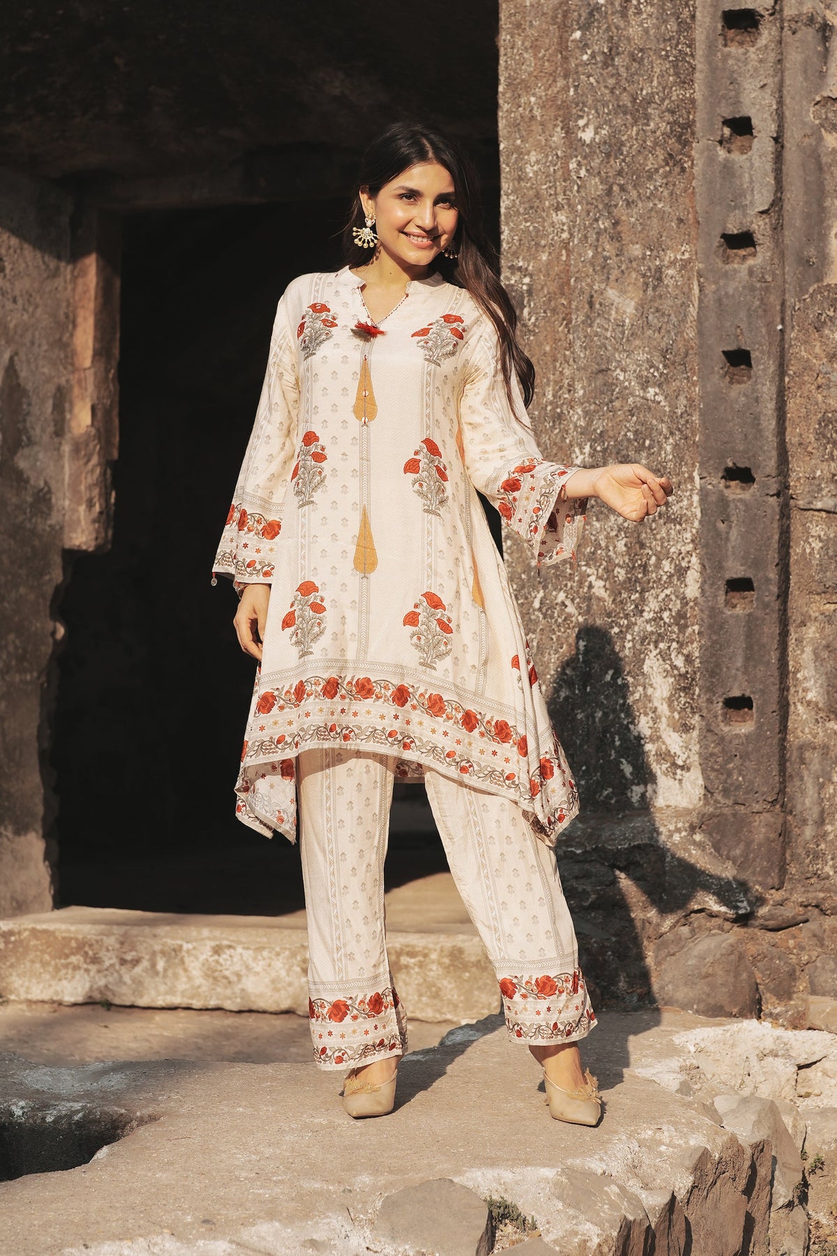 Red and Yellow  Mughal  Print Muslin Kurta Pant Coord Set