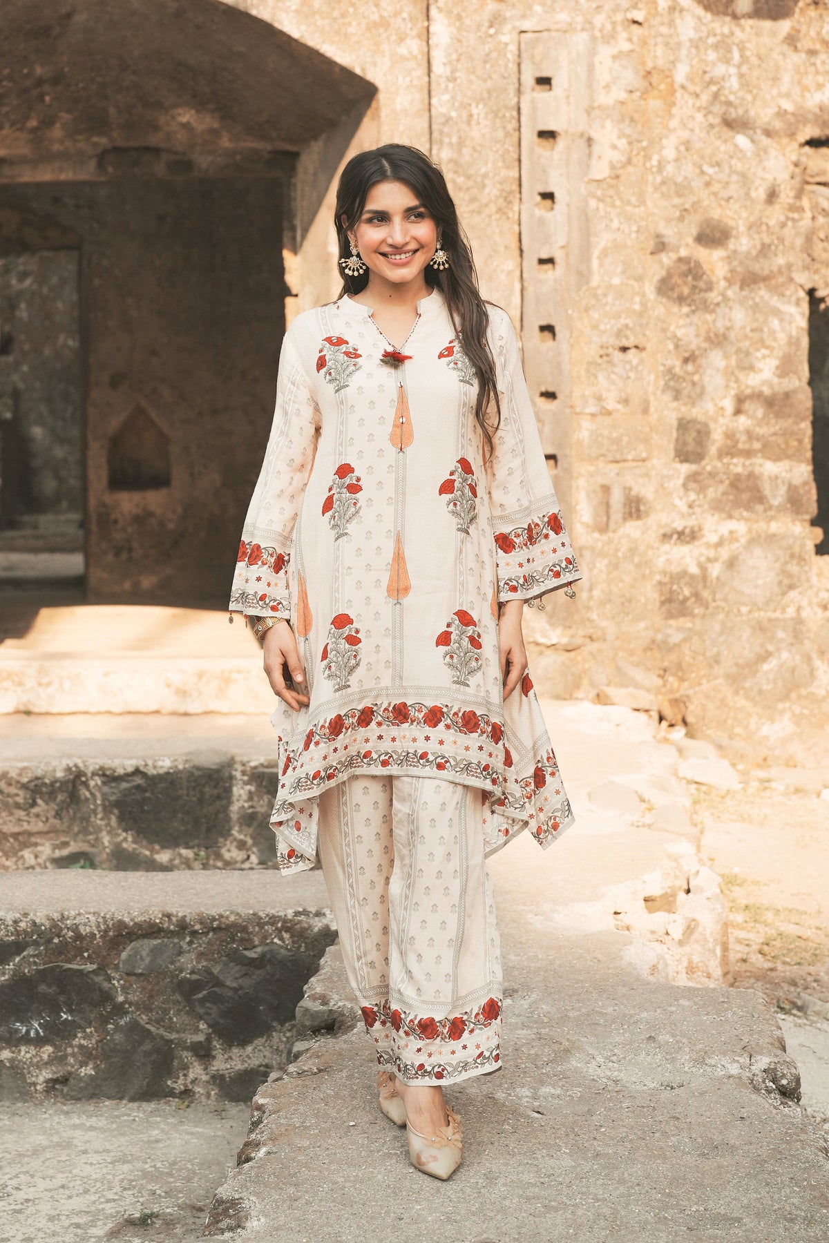 Red and Yellow  Mughal  Print Muslin Kurta Pant Coord Set