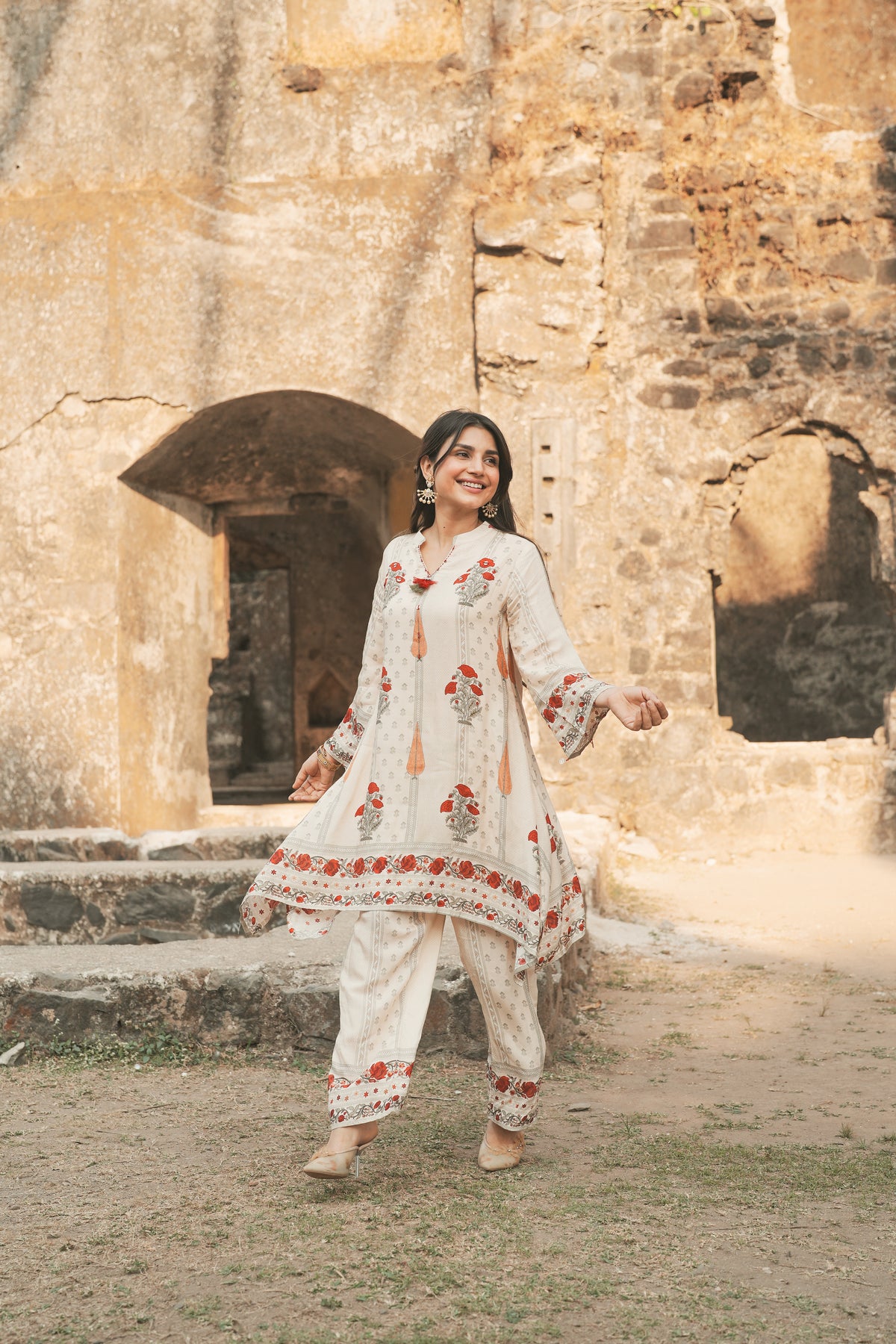 Red and Yellow  Mughal  Print Muslin Kurta Pant Coord Set