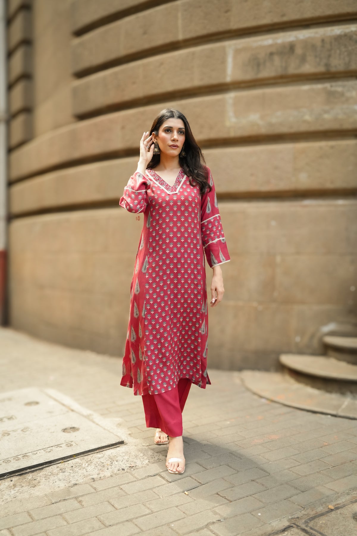 Red Panel Block Print Muslin V neck Kurta and Pants