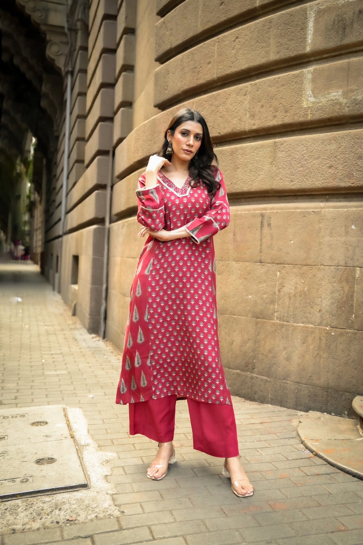 Red Panel Block Print Muslin V neck Kurta and Pants
