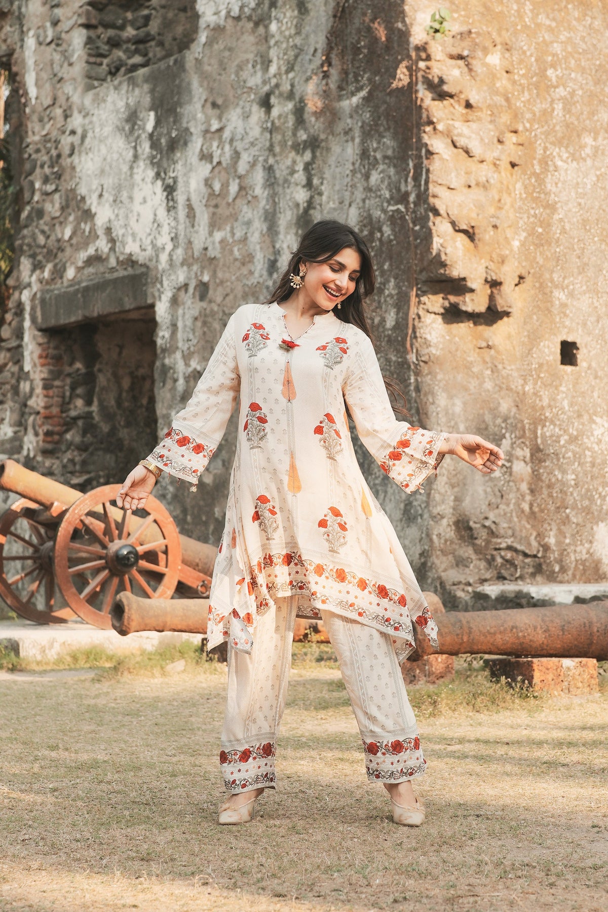 Red and Yellow  Mughal  Print Muslin Kurta Pant Coord Set