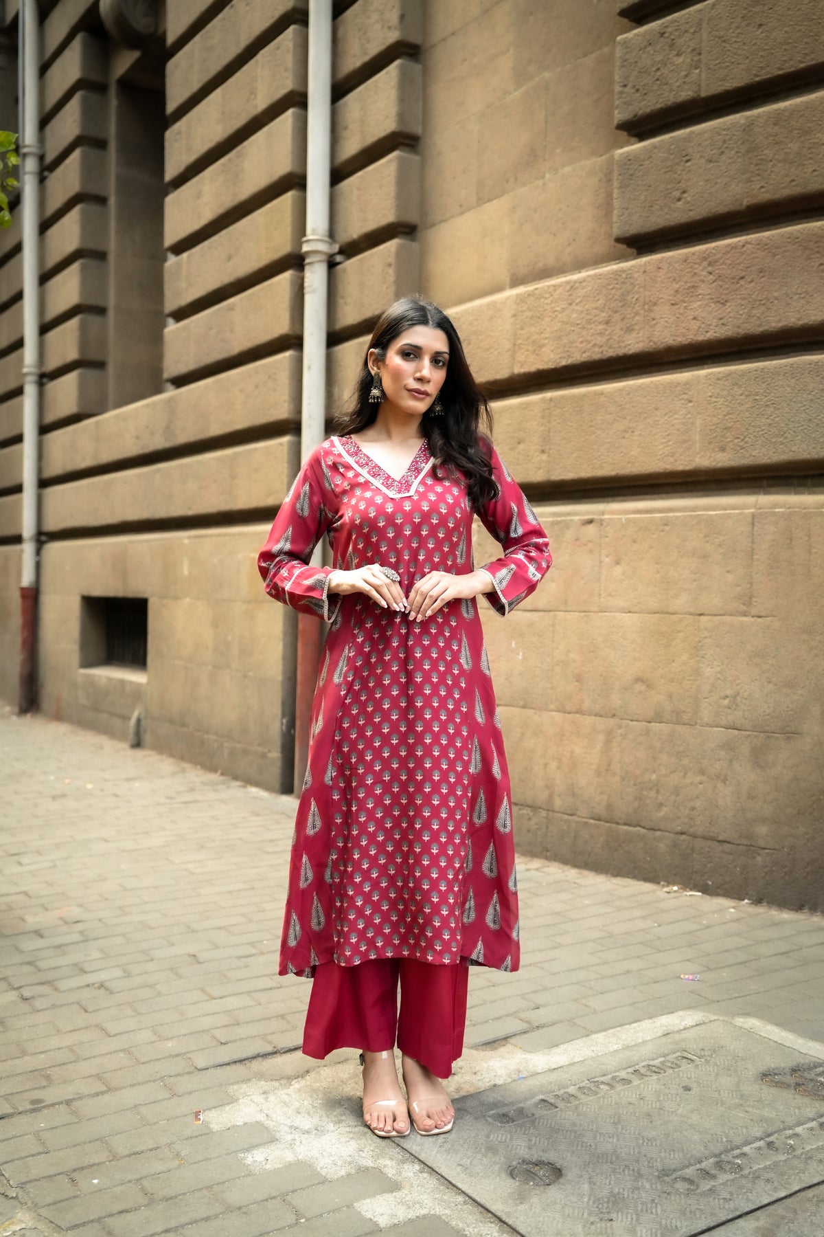 Red Panel Block Print Muslin V neck Kurta and Pants