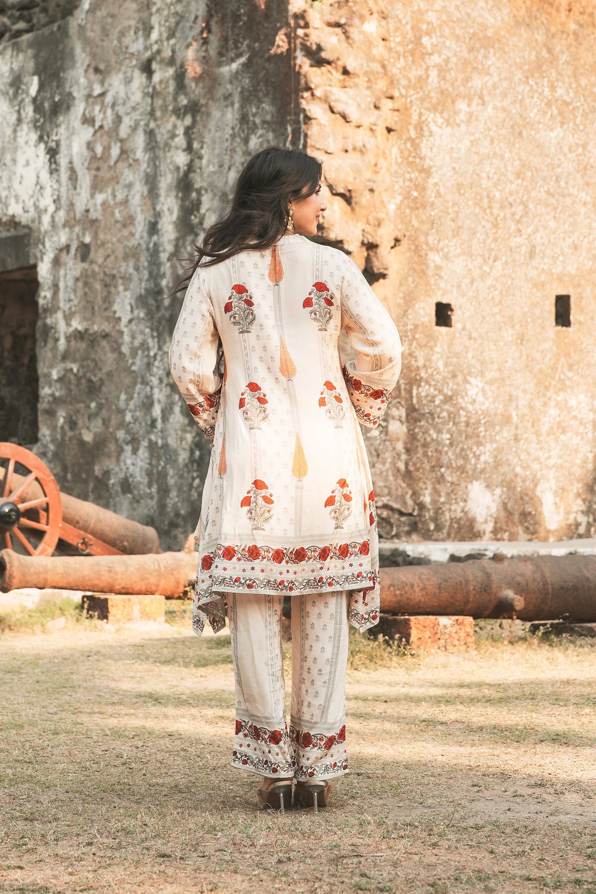 Red and Yellow  Mughal  Print Muslin Kurta Pant Coord Set