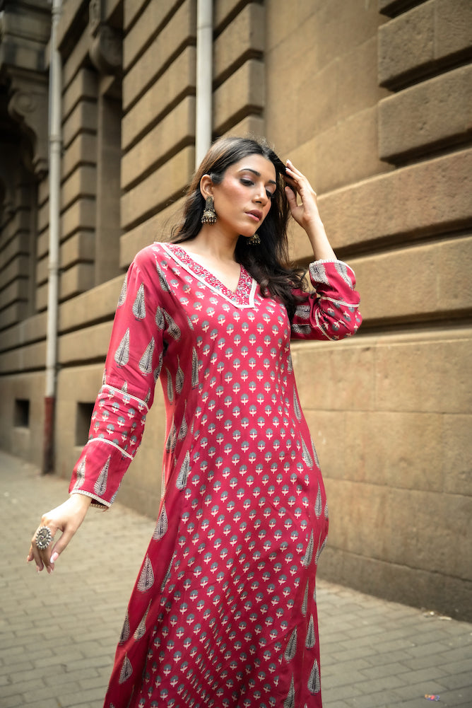 Red Panel Block Print Muslin V neck Kurta and Pants