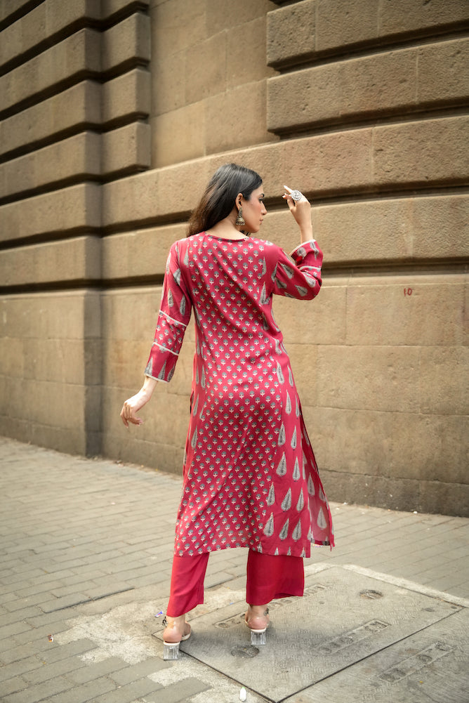 Red Panel Block Print Muslin V neck Kurta and Pants