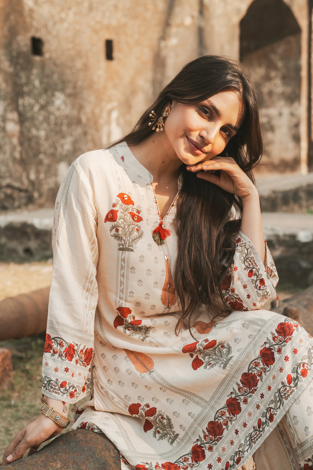 Red and Yellow  Mughal  Print Muslin Kurta Pant Coord Set
