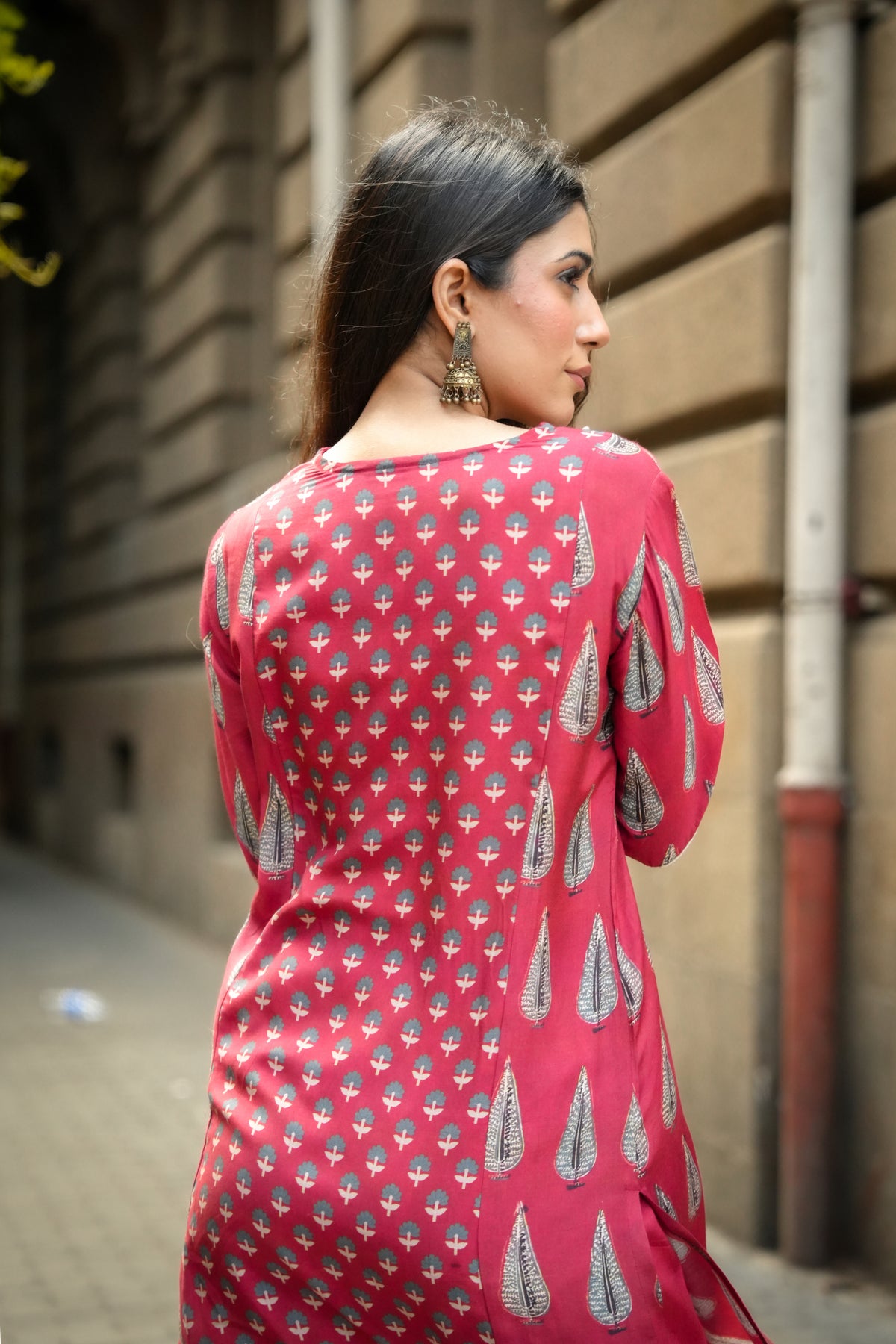 Red Panel Block Print Muslin V neck Kurta and Pants