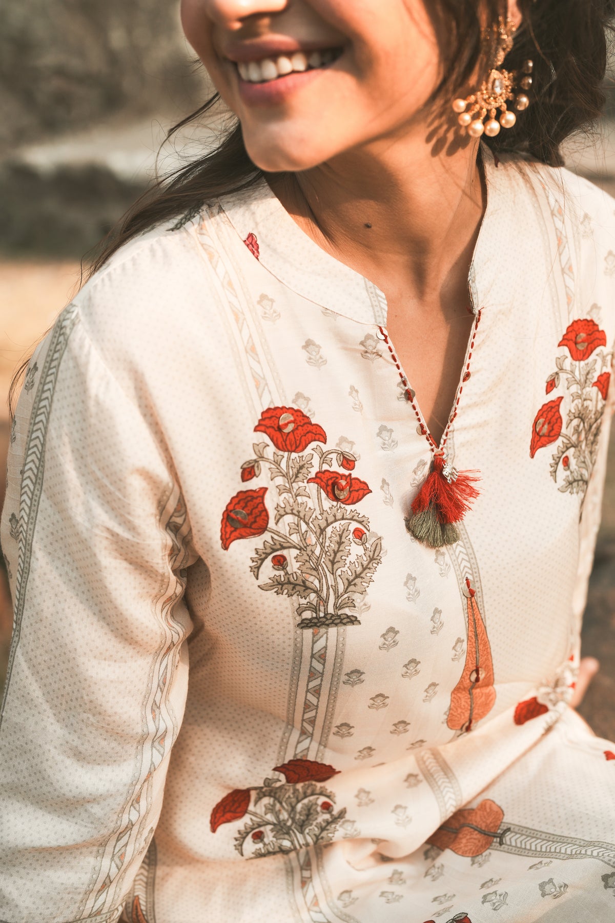Red and Yellow  Mughal  Print Muslin Kurta Pant Coord Set