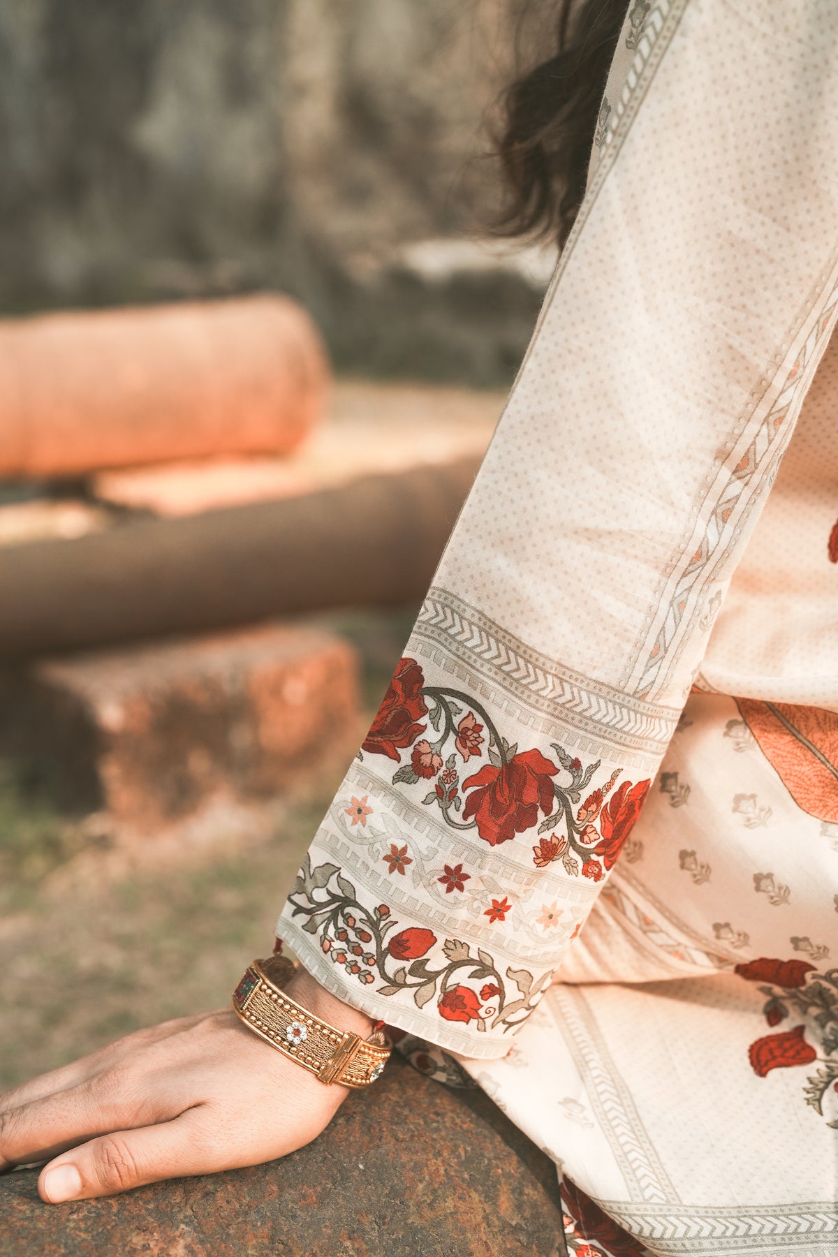Red and Yellow  Mughal  Print Muslin Kurta Pant Coord Set